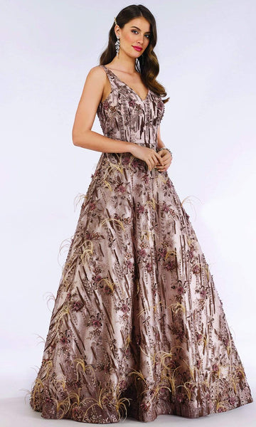 A-line V-neck Floral Print Floor Length Sleeveless Beaded Applique Fitted Hidden Back Zipper V Back Natural Waistline Evening Dress/Prom Dress