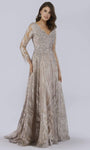 A-line V-neck Embroidered Beaded Applique Back Zipper Bateau Neck Floor Length Natural Waistline Lace Sheer Long Sleeves Dress with a Brush/Sweep Train