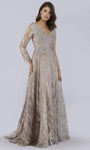 A-line V-neck Floor Length Lace Embroidered Back Zipper Applique Beaded Bateau Neck Sheer Long Sleeves Natural Waistline Dress with a Brush/Sweep Train