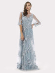 A-line Sheer Illusion Back Zipper Applique Sheer Back Natural Waistline Floral Print Floor Length Bateau Neck Dress