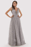 A-line V-neck Natural Waistline Sleeveless Floor Length Lace Plunging Neck V Back Sheer Fitted Dress