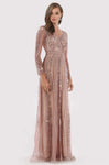 A-line V-neck Lace Long Sleeves Natural Waistline Floor Length Back Zipper Glittering Beaded Sheer Dress With Rhinestones