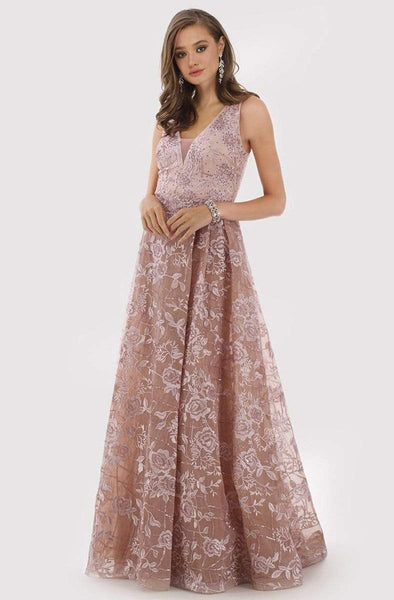 A-line V-neck Sleeveless Illusion Open-Back Sheer Embroidered Natural Waistline Floral Print Dress with a Brush/Sweep Train With Rhinestones