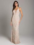 Sexy V-neck Plunging Neck Floor Length Sheath Back Zipper Open-Back Fitted Beaded Sheer Natural Waistline Sleeveless Sheath Dress