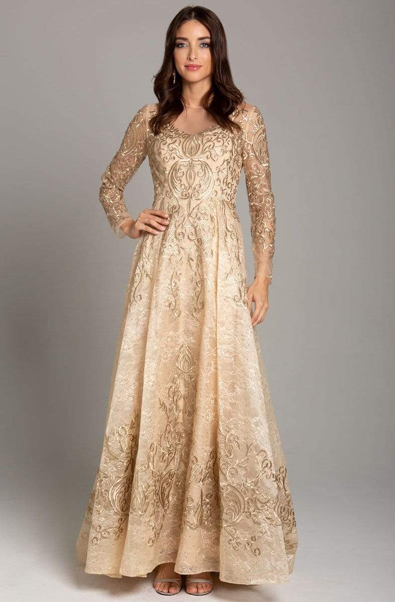 Lara Dresses - 29856 Illusion Long Sleeve Appliqued Lace A-Line Gown