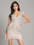 V-neck Beaded Cutout Back Zipper Plunging Neck Short Cap Sleeves Geometric Print Sheath Natural Waistline Sheath Dress