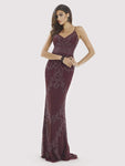 V-neck Fitted Beaded Plunging Neck Sleeveless Spaghetti Strap Sheath Sheath Dress with a Brush/Sweep Train by Lara Dresses