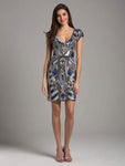 V-neck Beaded Back Zipper Jeweled Geometric Print Short Sheath Natural Waistline Cap Sleeves Sheath Dress