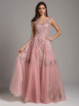 Sophisticated Bateau Neck Sheer Fitted Applique Illusion Dress with a Brush/Sweep Train With Rhinestones by Lara Dresses