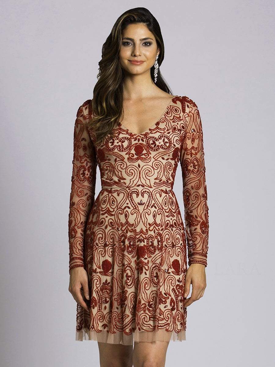 Lara Dresses - 33414 Beaded Long Sleeve A-Line Dress
