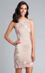 Floral Print Halter Cocktail Short Natural Waistline Sheath Beaded Hidden Back Zipper Racerback Sheath Dress