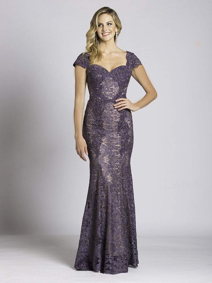 Lara Dresses - 33491 Cap Sleeve Sweetheart Lace Gown
