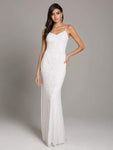 V-neck Floor Length Back Zipper Sequined Fitted Beaded Sheath Natural Waistline Sleeveless Spaghetti Strap Sheath Dress