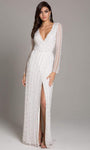 V-neck Plunging Neck Long Sleeves Fitted Beaded Slit Natural Waistline Sheath Floor Length Sheath Dress