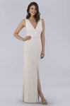 V-neck Natural Waistline Sheath Floor Length Slit Beaded Back Zipper Sleeveless Striped Print Sheath Dress with a Brush/Sweep Train