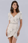 V-neck Beaded Faux Wrap Back Zipper Fitted Natural Waistline Cocktail Above the Knee Short Sleeves Sleeves Geometric Print Dress