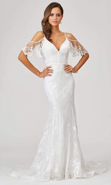 V-neck Natural Waistline Plunging Neck Floor Length Cold Shoulder Sleeves Off the Shoulder Lace Mermaid Open-Back Fitted Sheer Wedding Dress with a Brush/Sweep Train