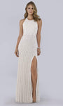 Sophisticated Beaded Slit Back Zipper Open-Back Fitted Floor Length Sleeveless Sheath Natural Waistline Halter Sheath Dress