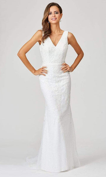 V-neck Beaded Sheer Fitted Sleeveless Natural Waistline Sheath Lace Floor Length Sheath Dress/Wedding Dress with a Brush/Sweep Train