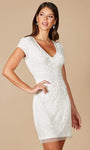 V-neck Plunging Neck Back Zipper Beaded Sheath Cap Sleeves Above the Knee Natural Waistline Sheath Dress