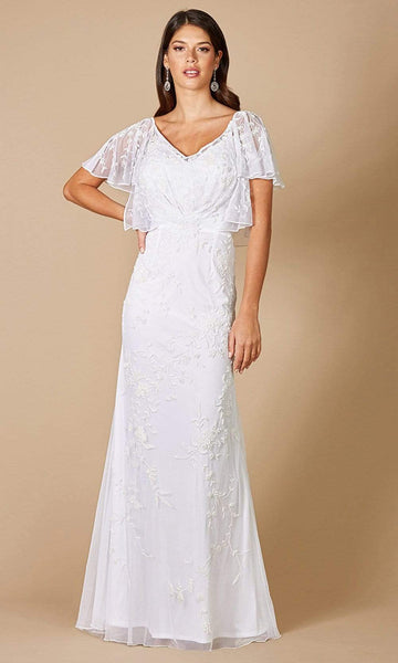 V-neck Flutter Sleeves Floral Print Back Zipper Sheer Pleated Open-Back Natural Waistline Mermaid Wedding Dress with a Brush/Sweep Train