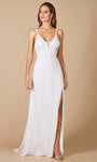 A-line V-neck Floor Length Slit Open-Back Fitted Beaded Back Zipper Natural Waistline Plunging Neck Sleeveless Evening Dress