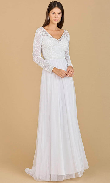 A-line V-neck Beaded Back Zipper Embroidered Long Sleeves Natural Waistline Wedding Dress