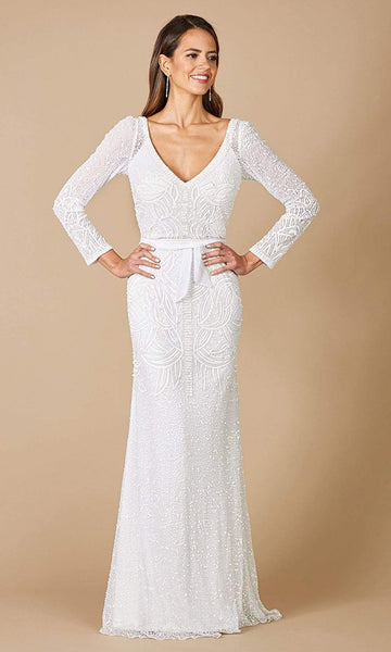 V-neck Sheath Lace Semi Sheer Fitted Open-Back Natural Waistline Long Sleeves Sheath Dress/Wedding Dress with a Brush/Sweep Train With a Ribbon