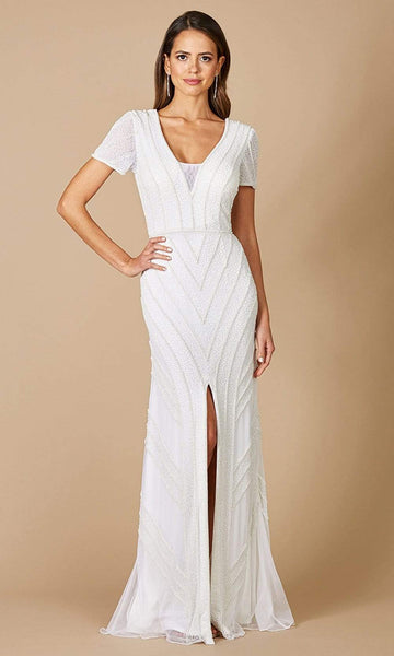 Sexy Sophisticated V-neck Slit Back Zipper Fitted Sheer Open-Back Illusion Beaded Sheath Short Sleeves Sleeves Natural Waistline Sheath Dress/Wedding Dress with a Brush/Sweep Train