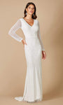 V-neck Long Sleeves Floor Length Natural Waistline Sheath Fitted Open-Back Applique Sheath Dress with a Brush/Sweep Train