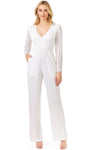 V-neck Beaded Sheer Stretchy Back Zipper Fitted Pocketed Plunging Neck Empire Waistline Tulle Long Sleeves Jumpsuit