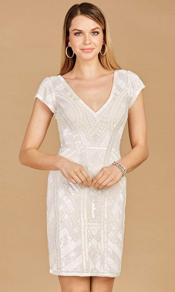 Modest V-neck Cocktail Short Sheath Short Sleeves Sleeves Sequined Hidden Back Zipper Beaded Natural Waistline Sheath Dress/Evening Dress