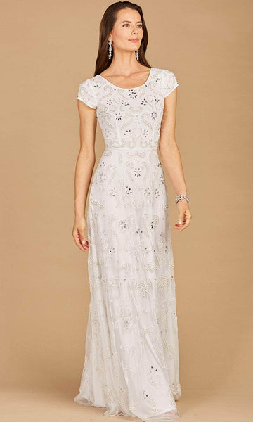 Sophisticated A-line Natural Waistline Short Sleeves Sleeves Jeweled Neck Cutout Beaded Back Zipper Evening Dress with a Brush/Sweep Train