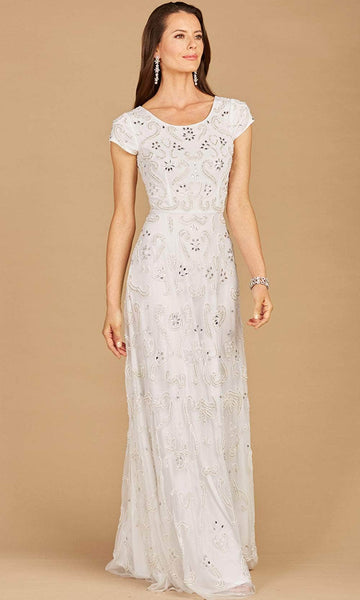 Sophisticated A-line Short Sleeves Sleeves Cutout Back Zipper Beaded Jeweled Neck Natural Waistline Evening Dress with a Brush/Sweep Train