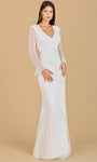 Sexy Sophisticated V-neck Floor Length Long Sleeves Sheath Plunging Neck Back Zipper Beaded Embroidered Natural Waistline Sheath Dress