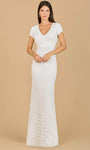 Modest V-neck Natural Waistline Sheath Short Sleeves Sleeves Beaded Back Zipper Embroidered Floor Length Sheath Dress