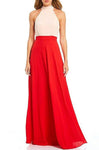 A-line Floor Length Chiffon Sleeveless Halter Fitted Two-Toned Print Natural Waistline Dress