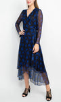 A-line V-neck Long Sleeves Natural Waistline High-Low-Hem General Print Draped Sheer Mesh Wrap Back Zipper Dress