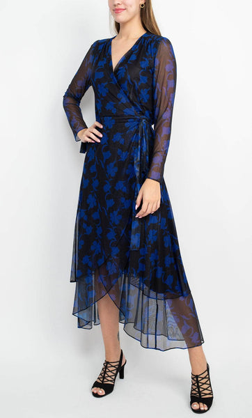 A-line V-neck Natural Waistline General Print High-Low-Hem Sheer Draped Mesh Wrap Back Zipper Long Sleeves Dress