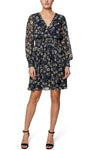 Sophisticated A-line V-neck Cocktail Above the Knee Long Sleeves Floral Print Elasticized Empire Waistline Dress