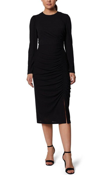 Natural Waistline Tea Length Sheath Jeweled Neck Draped Slit Ruched Hidden Back Zipper Long Sleeves Sheath Dress