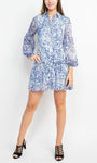 A-line V-neck Ruffle Trim Bishop Long Sleeves General Print Dropped Waistline Short Button Front Collared Dress