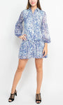 A-line V-neck General Print Bishop Long Sleeves Dropped Waistline Button Front Collared Short Ruffle Trim Dress
