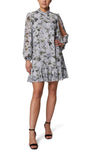 Sexy A-line Natural Waistline Short Back Zipper Slit High-Neck Floral Print Ruffle Trim Bishop Sleeves Dress