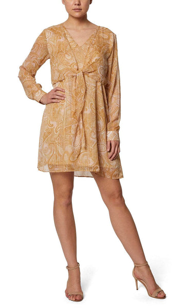 A-line V-neck Paisley Print Draped Long Sleeves Natural Waistline Short Dress