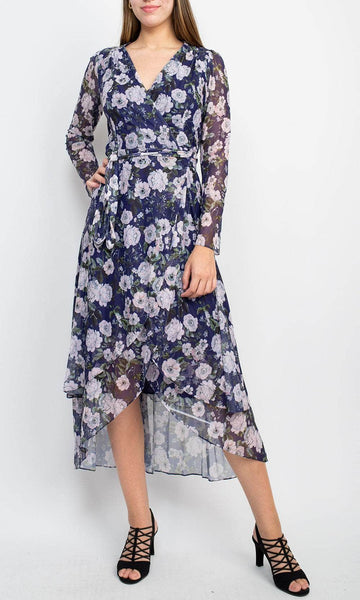 A-line V-neck Natural Tie Waist Waistline Short Tea Length Floral Print Tiered Sheer Wrap Hidden Back Zipper Mesh Long Sleeves Dress With a Sash