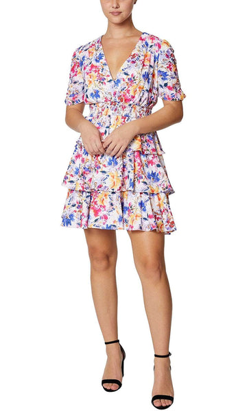 A-line V-neck Floral Print Polyester Tiered Short Short Sleeves Sleeves Elasticized Natural Waistline Dress