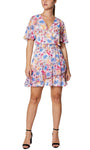 A-line V-neck Floral Print Short Ruffle Trim Tiered Wrap Asymmetric Elasticized Natural Waistline Flutter Short Sleeves Sleeves Dress