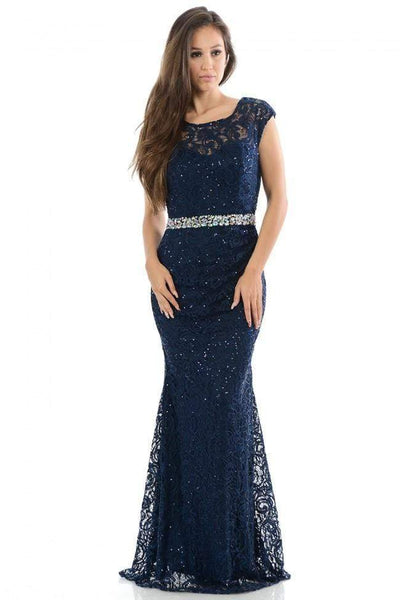 Sophisticated Belted Beaded Sheer Crystal Back Zipper Illusion Embroidered Sequined Lace Sheath Natural Waistline Floor Length Cap Sleeves Scoop Neck Sweetheart Sheath Dress