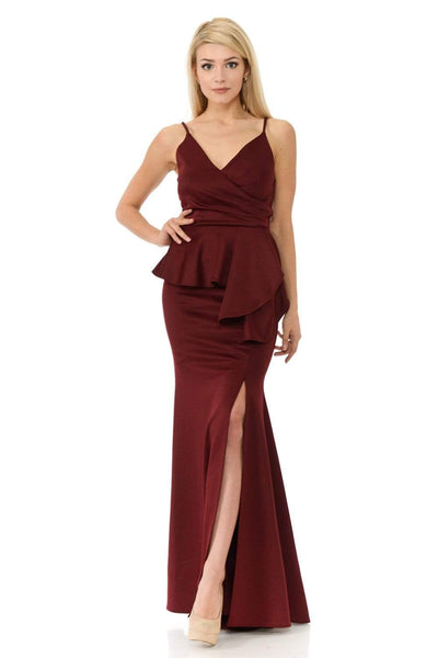 V-neck Sleeveless Spaghetti Strap Mermaid Floor Length Natural Waistline Back Zipper Pleated Asymmetric Slit Peplum Wrap Open-Back Dress